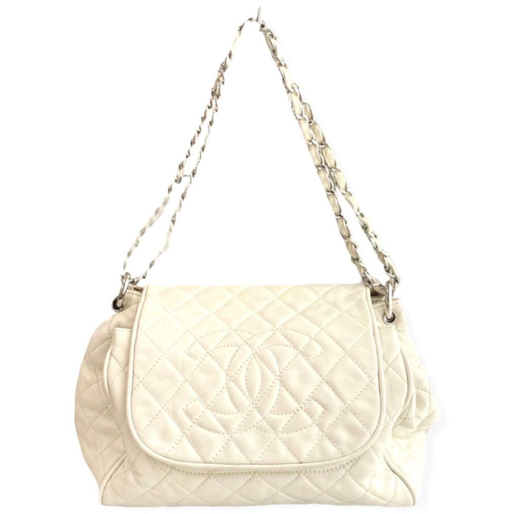 Chanel Caviar Skin Shoulder Bag Decacoco Cream Silver Metal Fittings
